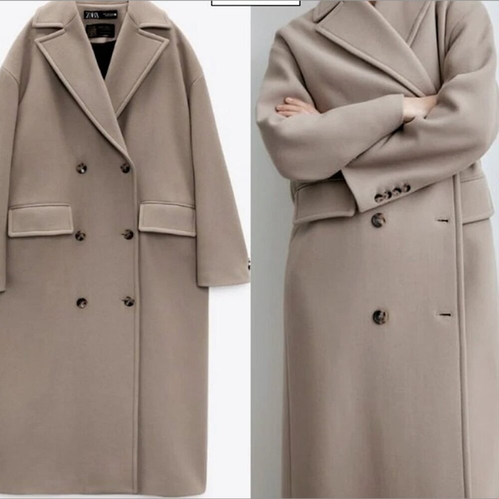 Zara Brown / Taupe Double-Breasted Warm Wool Coat